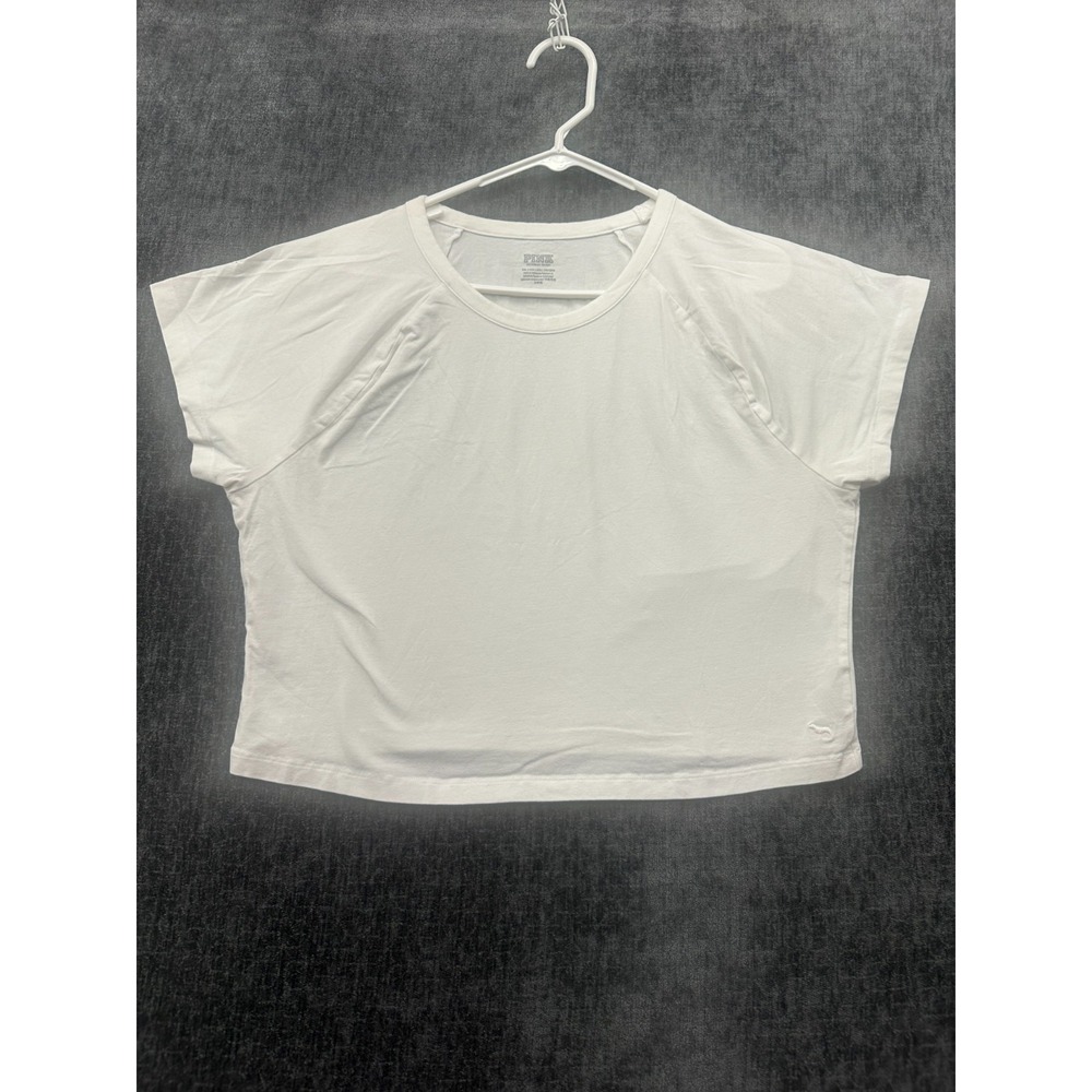 Victoria's Secret PINK Crop Top Womens‎ 2XL White Logo Round Neck Raglan Sleeve